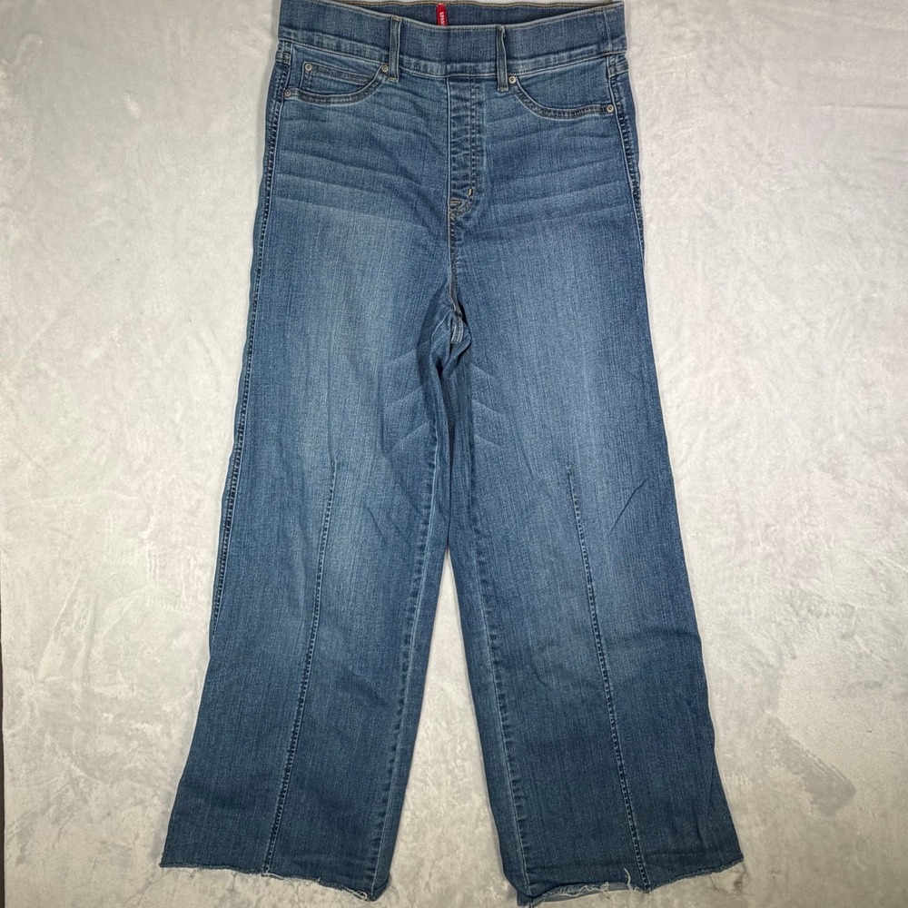 Spanx Wide Leg Jeans Women Large Vintage Indigo High Rise Raw Hem Flare Slimming